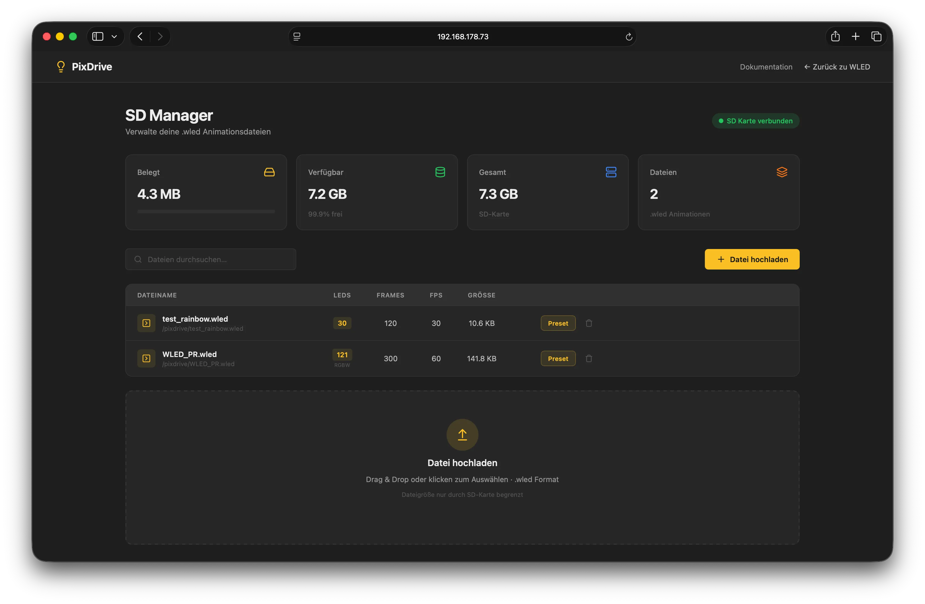 SD-Manager im WLED-Webinterface mit Speicherbelegung und Dateiliste