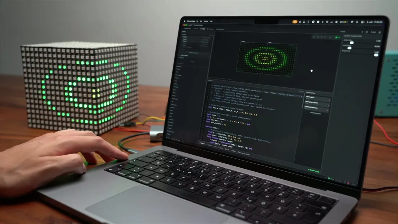 PixDrive Studio auf einem MacBook steuert einen LED-Matrix-Würfel